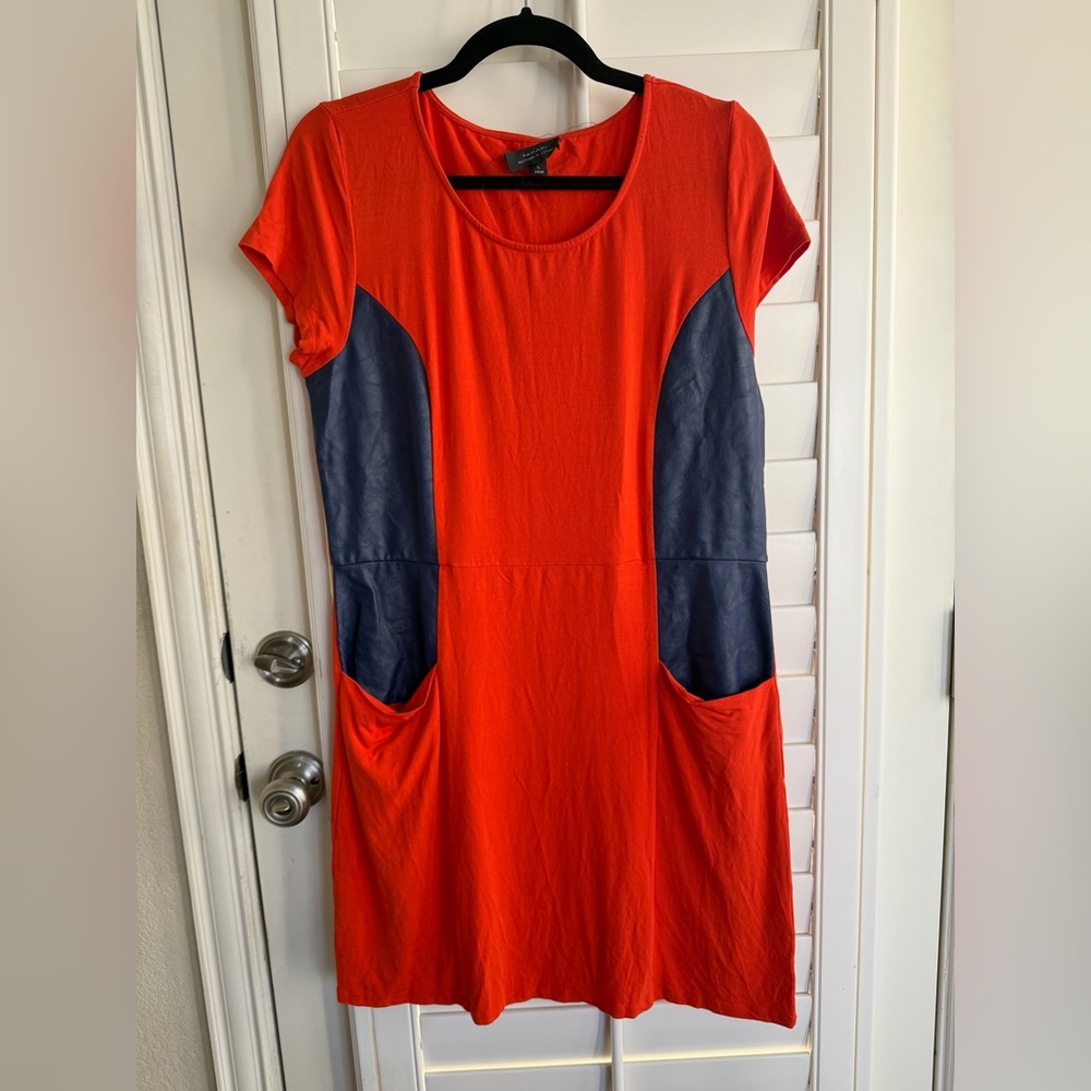 Tahari ASL Orange & Navy Faux Leather Colorblock Dress – Size L